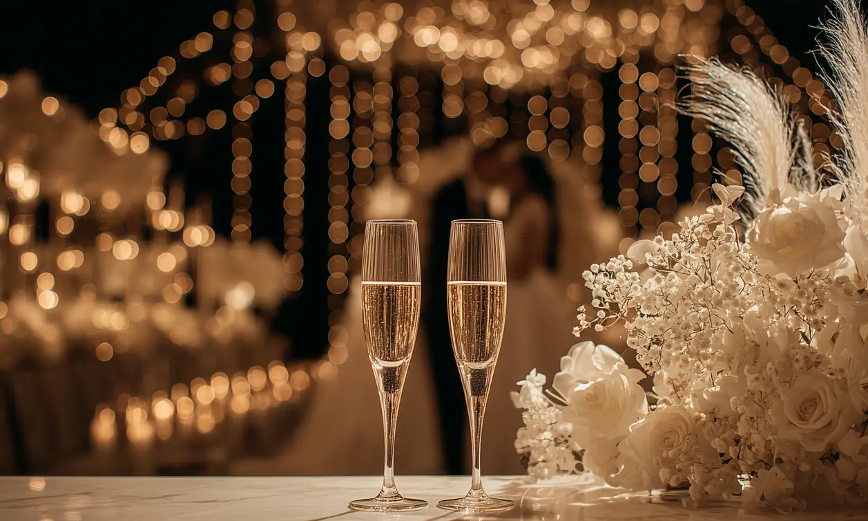 Sektgläser und Deko mit Hochzeitspaar im Hintergrund
